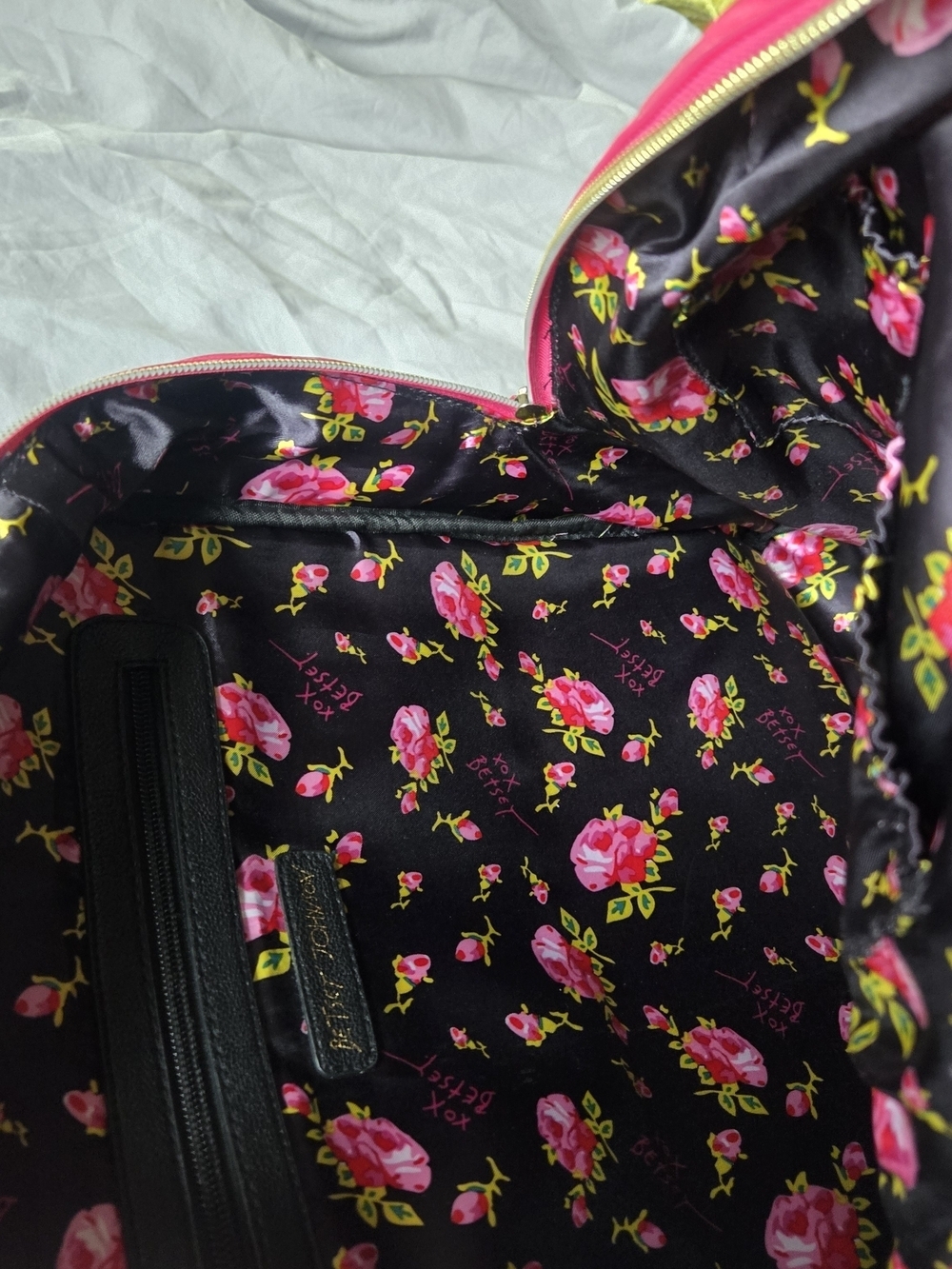 Betsey Johnson Rotary Phone Stripe Backpack with Hot Pink Trim Rose Interior - Picture 5 of 10